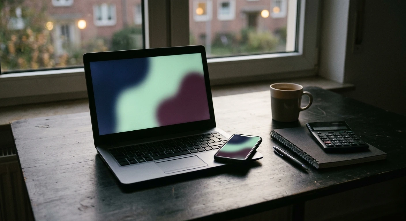 Laptop und Smartphone neben Notizbuch auf einem dunklen Schreibtisch