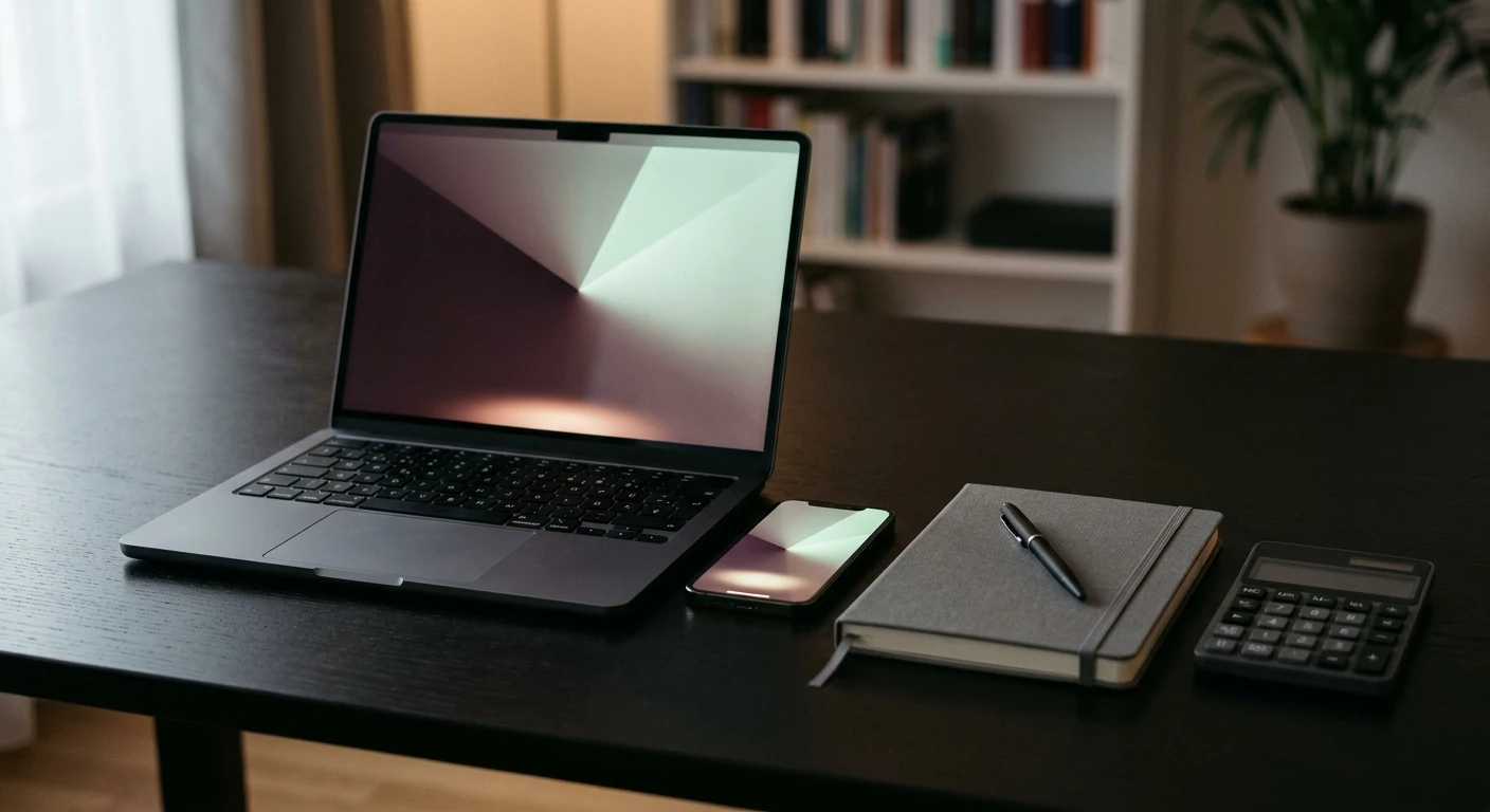 Smartphone, Bankkarte und Hardware-Wallet auf einem Schreibtisch