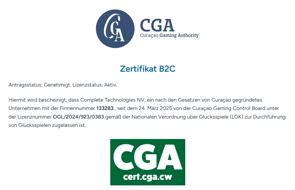 Öffentlicher Curaçao-Lizenzeintrag mit Lizenznummer, Betreiber und genehmigten Domains