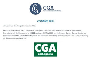 Öffentlicher Curaçao-Lizenzeintrag mit Lizenznummer, Betreiber und genehmigten Domains