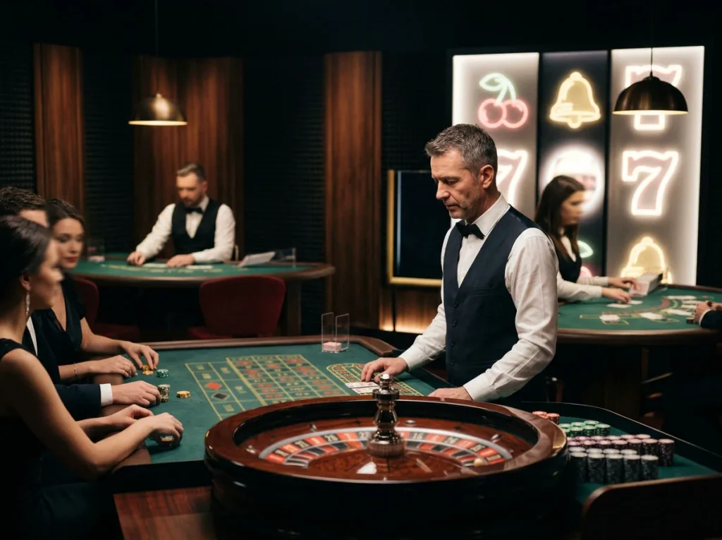 Casino-Tisch mit Karten und Roulettekessel neben abstrakten Slot-Symbolen in einer dunklen Studioatmosphäre
