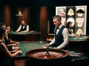Casino-Tisch mit Karten und Roulettekessel neben abstrakten Slot-Symbolen in einer dunklen Studioatmosphäre