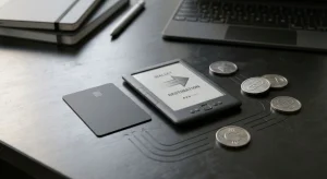 Abstrakter Zahlungsfluss zwischen Bankkarte, digitaler Wallet und Kryptowährungs-Symbolen